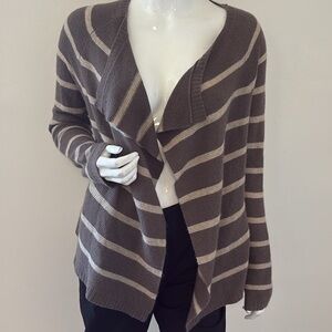 360 Cashmere Brown & Cream Striped Draped Open Front Long Sleeve Cardigan